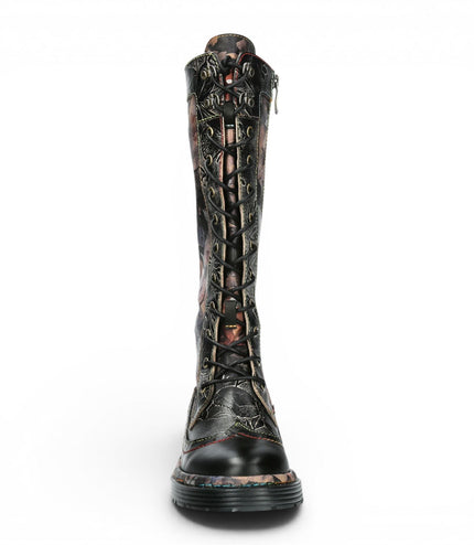 Laura Vita Women's Maroon Gothic Victorian Floral Black Leather Knee-High Lace-Up Boots - Incaso-50