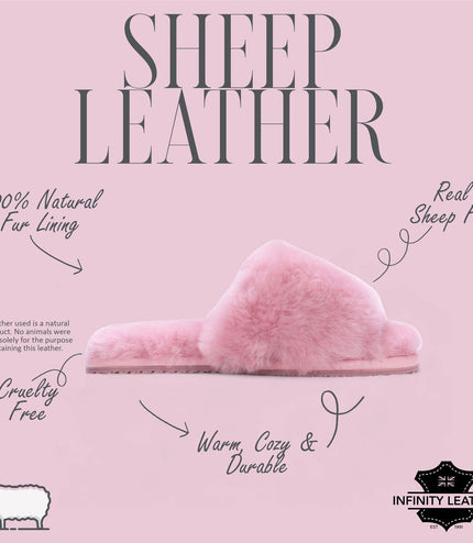 Women's Sheepskin Slippers Pink Warm Winter Fur Sliders - Nordic