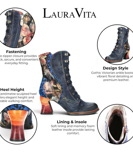 Laura Vita Women's Goth Victorian Floral Blue Leather Lace-Up Heeled Boots - Eleao-42