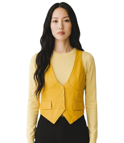Womens Yellow Leather Waistcoat Biker Vest - MAM-WC