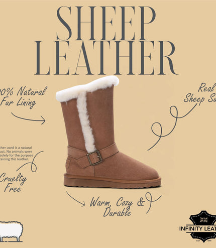 Women's Genuine Sheepskin Tan Brown Suede Calf Winter Warm Boots - Redwood