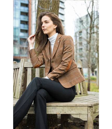 Women's Oak Brown 2 Piece Set Tweed Blazer Waistcoat in Herringbone Check