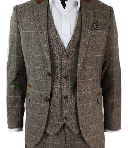 Mens 3 Piece Tan Tweed Check Suit