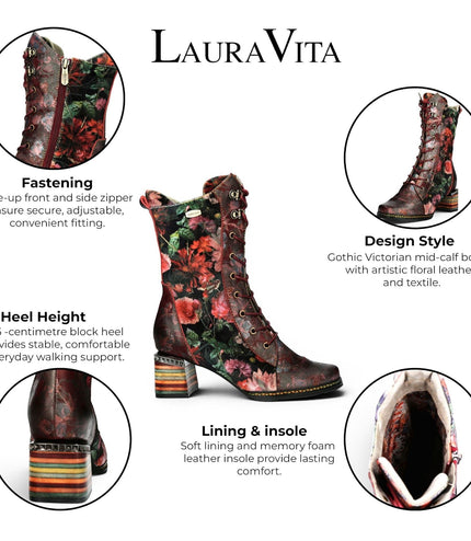 Laura Vita Women's Goth Victorian Floral Wine Leather High Lace-Up Boots - Ibcano-15