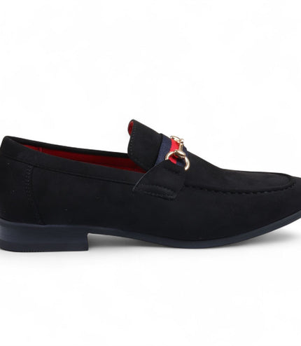 Men's Black Suede Loafers with Gold Buckle Slip-On Dress Shoes