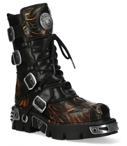 New Rock M-591-C58 Mid-Calf High Black Flame Leather Metallic Gothic Boots