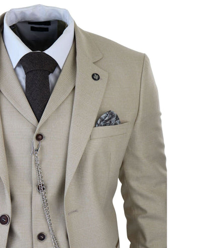 Men's 3 Piece Cream Prince Of Wales Check Suit