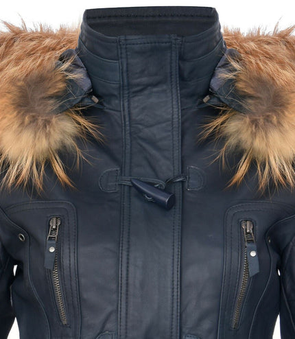 Womens Quilted Leather Parka Jacket-Brussels - Navy