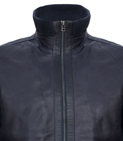 Mens Leather Varsity Bomber Jacket-Adana - Navy