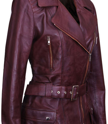 Womens Long Leather Biker Jacket-Quito - Brown