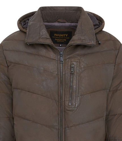 Men's Brown Leather Quilted Jacket Hooded Puffer Winter Coat - Olyic