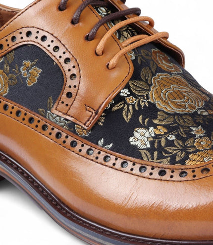 Justin Reess Men's Brown Leather Floral Print Brogue Dress Shoes - Ross
