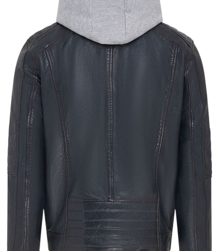 Men's Hooded Biker Lamb Leather Jacket - Burten - Navy