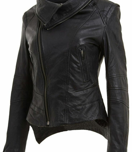 Womens Detachable Collar Leather Biker Jacket-Rosario