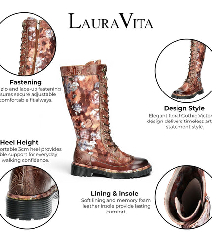 Laura Vita Women's Maroon Gothic Victorian Floral Maroon Leather Knee-High Lace-Up Boots - Incaso-50