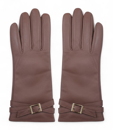 Womens Nude Beige Italian Leather Winter Buckle Soft Wool Lining Gloves - L-GLV-601