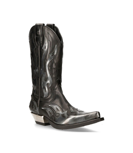New Rock Flame Accented Black/Silver Leather Biker Cowboy Boots- M-7921-S3