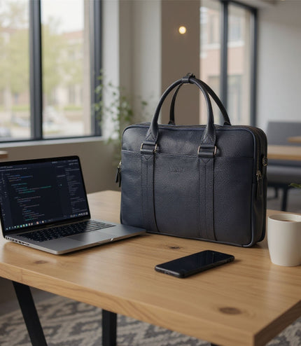 Genuine Leather Navy Laptop Business Briefcase Office Work Travel Bag - Sutton