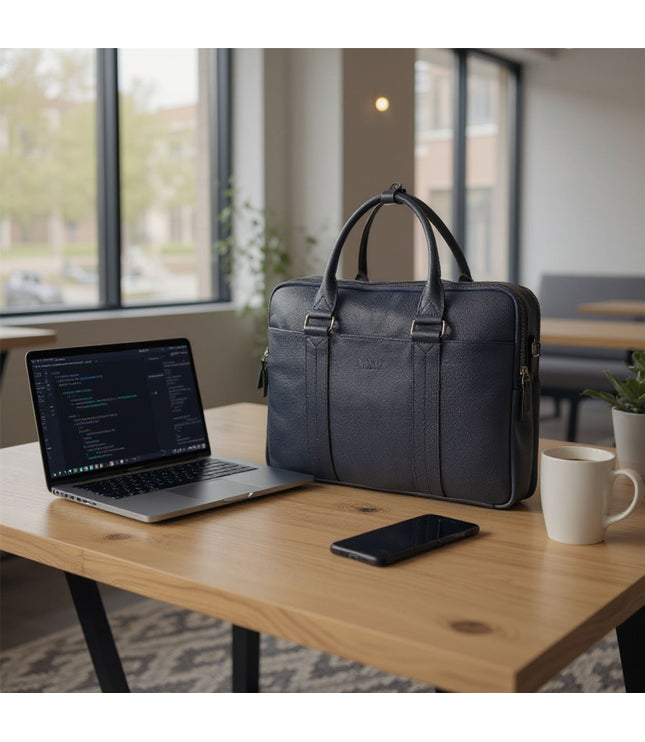 Genuine Leather Navy Laptop Business Briefcase Office Work Travel Bag - Sutton