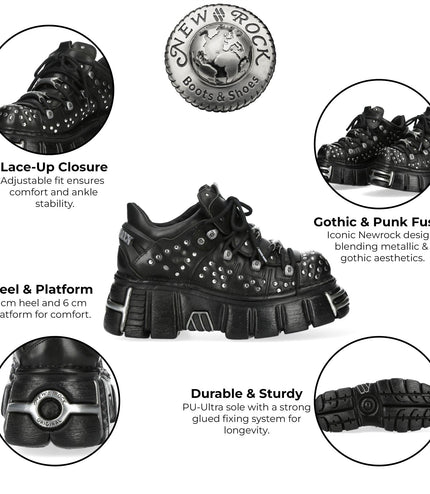 New Rock M-120Nr-C1 Black Leather Gothic Platform Ankle Boots
