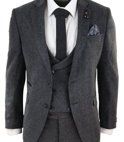 Mens Grey 3 Piece Tweed Suit Vintage Harringbone 1920s Retro Peaky Blinders