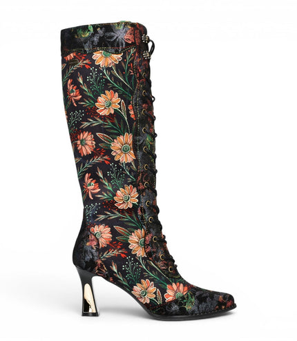 Laura Vita Women's Black Victorian Floral Leather Knee-High Heeled Boots - Oanelo-02