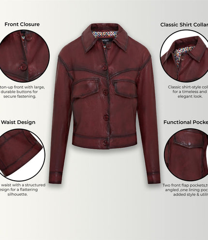 Womens Vintage Classic Lamb Leather Collared Biker Jacket - Ox Red