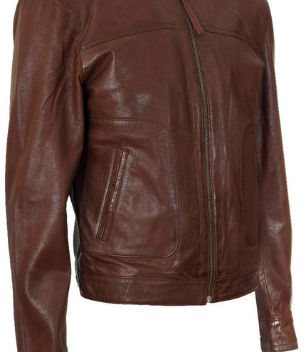 Men's Classic Fitted Leather Biker Jacket-Austin - Brown