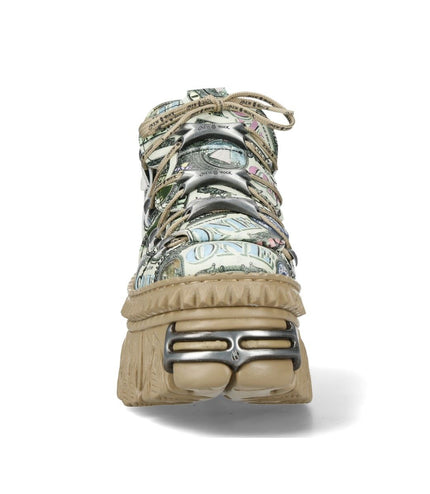 New Rock M-106Wall-C49 Dollar Bill Print Leather Platform Ankle Boots