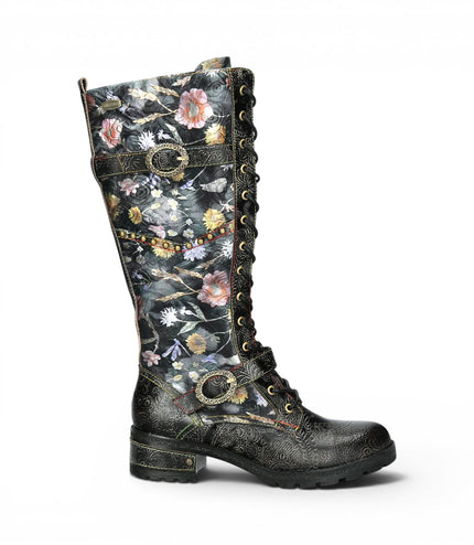 Laura Vita Women's Victorian Floral Black Leather High Lace-Up Long Boots - Cocrailo-82