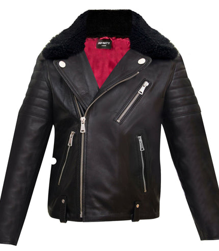 Kids Boys 100% Leather Detachable Collar Biker Jacket