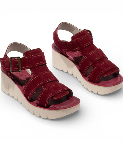 Fly London Women's YUDD236FLY Berry Red Leather Wedge Sandals
