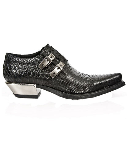 New Rock Embossed Python Black Leather Buckled Shoes-7934-S2