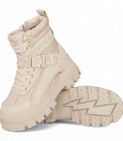 Buffalo Womens Beige Chunky Platform High Ankle Combat Boots - ASPHA-COM1