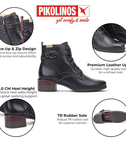 Pikolinos Women's Black Leather Lace-Up Mid-Heel Ankle Boots - Malaga