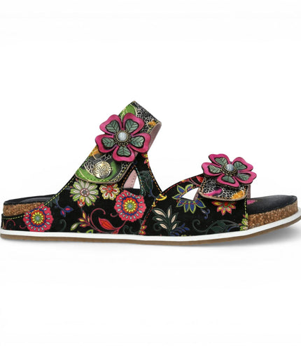 Laura Vita Women's Brcyano 32 Black Floral Leather Strappy Slipper Sandals