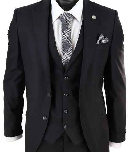 New Mens 3 Piece Suit Plain Black Classic Tailored Fit Smart Casual 1920s Formal