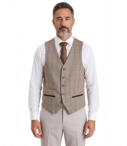 Mens Stone Suit with Harris Brown Tweed Waistcoat Wedding Suit - Mayfair