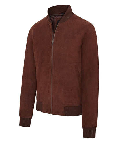 Mens Soft Goat Suede MA-1 Varsity Bomber Jacket  - Dalian - Brown