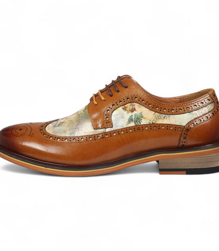Justin Reess Men's Brown Leather Iconic Print Brogue Dress Shoes - Scott