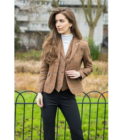 Women's Oak Brown Tailored Fit Tweed Blazer in Herringbone Check