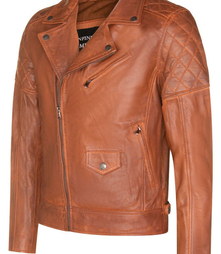 Mens Cross Zip Leather Biker Jacket - Gibraltar - Tan