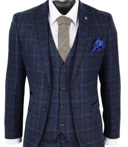 Mens 3 Piece Navy Blue Tweed Check Vintage Suit