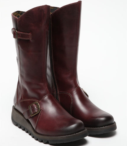 Fly London Womens Wine Mes 2 Wedge Heel Buckle Mid-Calf Leather Zip Platform Boots