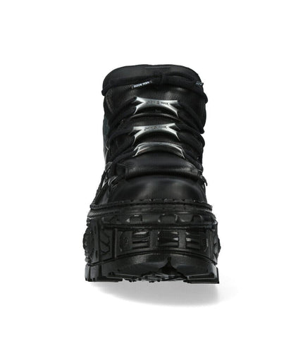 New Rock Metallic Ankle Black Leather Boots-WALL106-S12