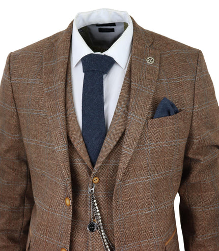Mens 3 Piece Wool Suit Oak Brown Tweed Herringbone Check Peaky Blinders Gatsby
