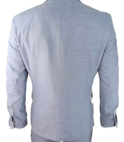 Mens 3 Piece Linen Suit Light Blue Summer Tailored Fit Wedding Prom Classic Suit