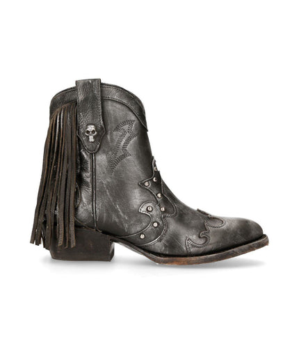 New Rock Grey Leather Fringed Pointed Cowboy Boots - WSTM003-S1