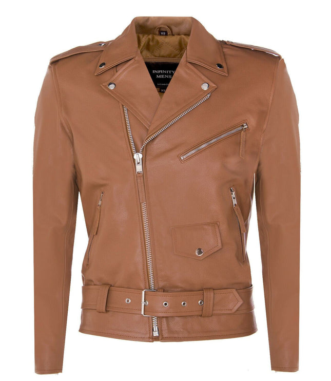 Mens Cow-Hide Black Brando Jacket -Venice - Tan