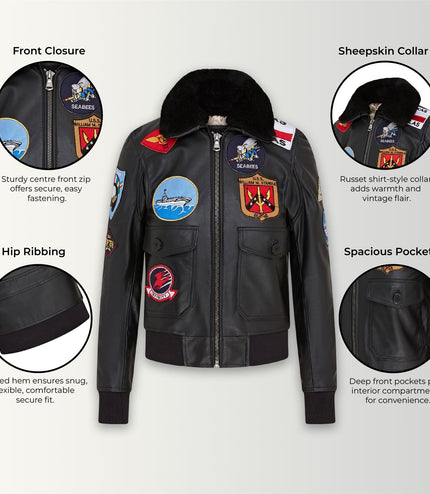 Women's A2 Top Gun Leather Bomber Jacket-Sunbury - Black
